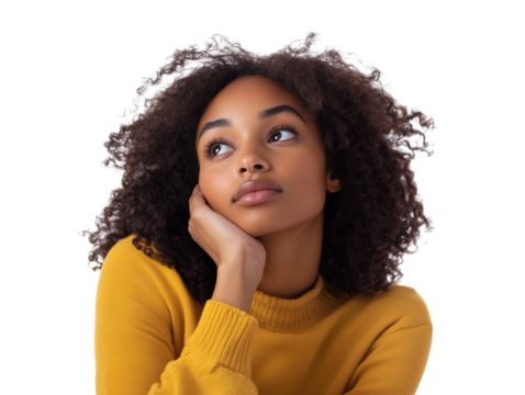 Curly-haired Black woman resting her chin on hand with dreamy expression isolated on transparent background cutout