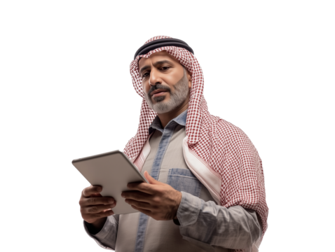 Middle-aged Arab man with beard holding tablet looking focused isolated on transparent background cutout