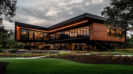 Obraz premium Ecofriendly high-tech office building design in urban setting modern architecture sustainable materials aesthetic environment