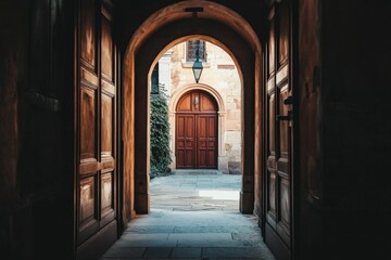Obraz premium Dark passage, arched doorway, wooden doors, courtyard beyond.