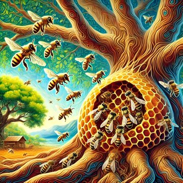 a group of honey bees make honey in their nest under tree branches, the weather is bright and colorful