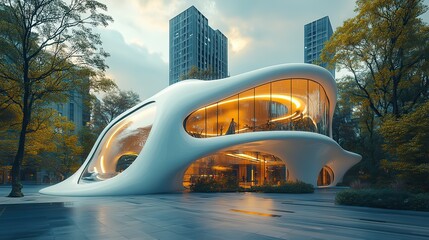 A futuristic building in a city represents innovative architecture, urban development, and the integration of technology and design