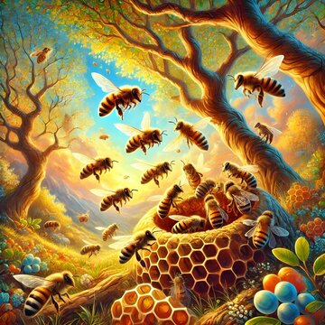 a group of honey bees make honey in their nest under tree branches, the weather is bright and colorful
