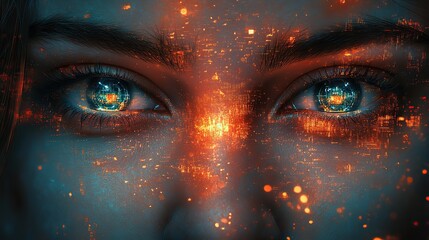 Naklejka premium A futuristic, abstract entity with eyes and a cyberpunk aesthetic embodies the essence of innovation in the realm of artificial intelligence and machine technology