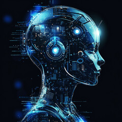 AI intelligence humanoid robot head and shoulders with visible neural network of ships and lights. 