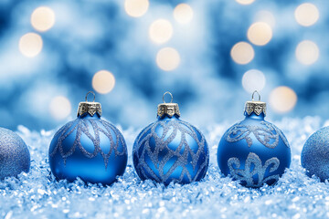 Colorful blue Christmas ornaments are nestled in soft snow, glimmering under soft lights. This...