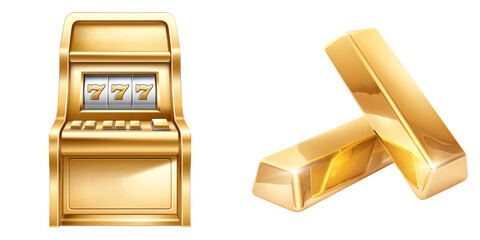 economic and windfall concept. Golden slot machine beside gold bars representing wealth and fortune. on Transparent background.