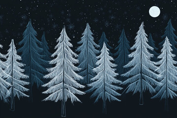 Obraz premium A serene winter landscape features snow-covered evergreen trees set against a dark, starry night. The composition creates a peaceful atmosphere perfect for holiday greetings and celebrations.