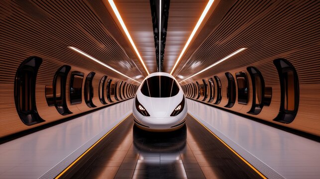 Sleek magnetic trains navigating the future hyperloop station interior minimalist design futuristic environment innovative concept