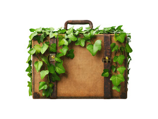 Vintage Travel Suitcase Covered in Green Ivy on Clear Background