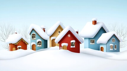 Fototapeta premium Vector Christmas village with simple, colorful houses and snow-covered roofs