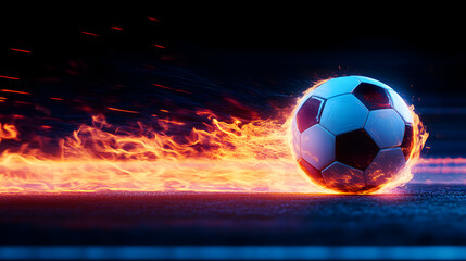 Naklejka premium A Dynamic Display of Energy: Soccer Ball Enveloped in Fiery Flames Representing Speed and Passion in Sports.