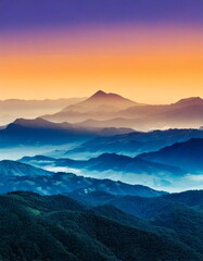 Vibrant layers of mountains at sunrise