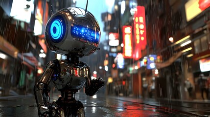 A robot with reflective silver plating and glowing blue energy cores, standing on a rain-soaked urban street under bright holographic signs
