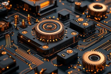 Intricate digital circuitry and gears tech workshop close-up image futuristic environment macro viewpoint connectivity concept