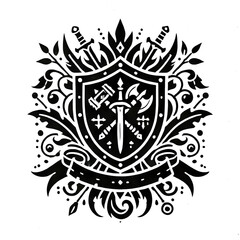 Medieval fantasy game shield with crossed weapons and floral ornaments on transparent background
