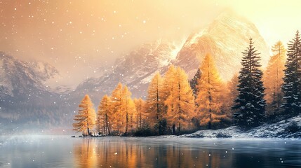 Fototapeta premium A serene mountain with golden trees along a crystal-clear lake, under a pale orange winter sunrise and light snow falling