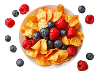 Colorful Bowl of Crisp Chips and Fresh Berries on White Background