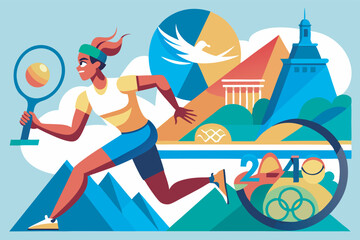 Fototapeta premium A vibrant image of a focused female tennis player amid symbolic sports elements suggesting universality and global athletic spirit.