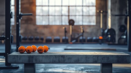 Obraz premium Orange Exercise Balls Resting on a Gym Bench