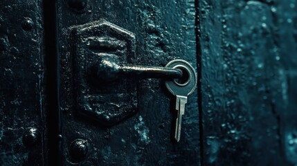 Obraz premium Secure Entrance - Close-up of Black Door Lock with Shiny Key Inserted in Dramatic Lighting