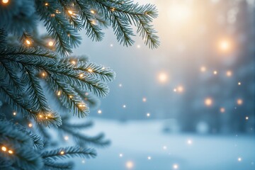 Obraz premium Festive Winter Wonderland Frosty Pine Branch with Lights