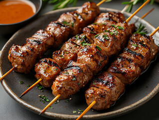 A vibrant dish of Japanese yakitori skewers served on a ceramic plate with dipping sauce, captured in a lively izakaya setting, smoky and flavorful