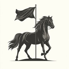 Obraz premium Black horse silhouette running towards a black flag on a pole.