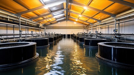 Fototapeta premium Modern water treatment setup showcasing interconnected pipes and high-tech pumps in a brightly lit environment.