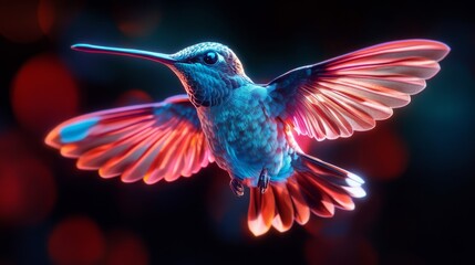 Obraz premium Vibrant hummingbird in flight glowing wings energetic magical surreal