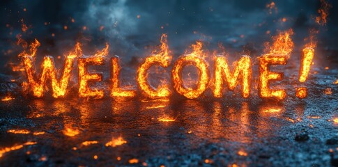 "Welcome!" text engulfed in vivid, fiery flames, creating a bold and dramatic visual effect 
