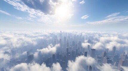 Fototapeta premium Aerial View of Cityscape Above Clouds with Bright Sunlight