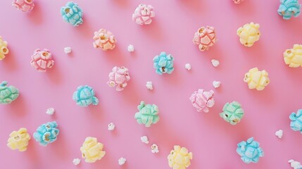 Fototapeta premium Sweet popcorn scattered randomly on the background, creating a delightful and inviting sight with its golden color and enticing aroma, adding a touch of fun and indulgence to the whole scene.