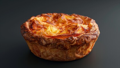 A freshly baked, golden brown pastry with a flaky crust and a creamy filling, isolated on a black background.