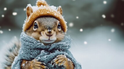 Fototapeta premium Cozy Winter Wonderland - Adorable Squirrel in Snowy Attire Relaxing Outdoors