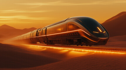 Obraz premium Futuristic desert train hovering magnetically over glowing tracks, fine sand swirling in the air, golden hour tones