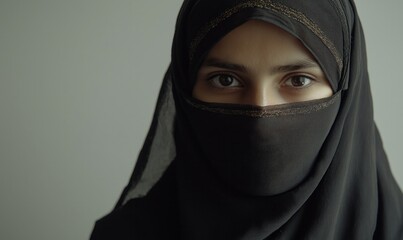 Naklejka premium A Closeup Portrait of a Muslim Woman Wearing a Niqab, Serene and Mysterious Gaze