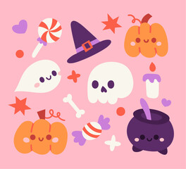 Fototapeta premium Halloween cute cartoon elements. Set of halloween vector illustrations with pumpkin, skull, witch hat, ghosts, etc.