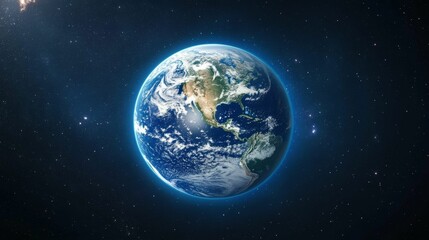 Fototapeta premium Planet Earth, dark space, stars, clouds, blue glow.