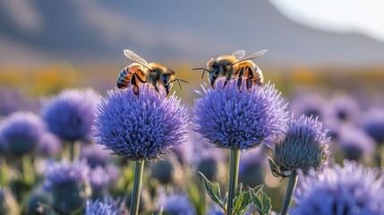 Close-up of bees pollinating a vibrant flower in a field 