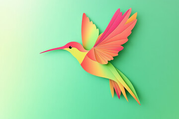 Obraz premium Paper cut, hummingbird on spring green background, delicate wings and vibrant hues, nature-inspired design.