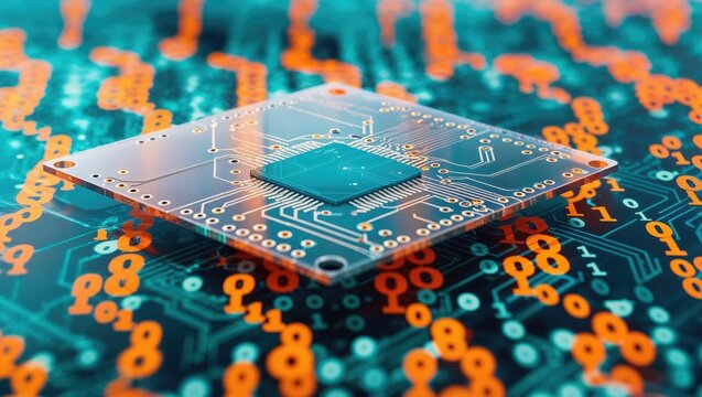 Transparent Quantum Circuit Board Design with Binary Code Background