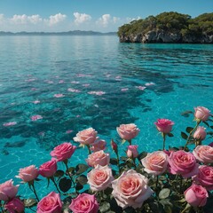"A floating garden of pink and blue roses on an island surrounded by sparkling turquoise water."