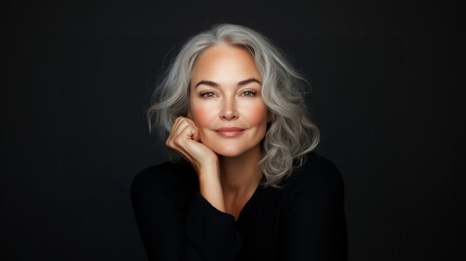 Fototapeta premium confident woman with gray hair smiles gently, showcasing her natural beauty and elegance. Her relaxed pose and warm expression convey sense of calm and self assurance.