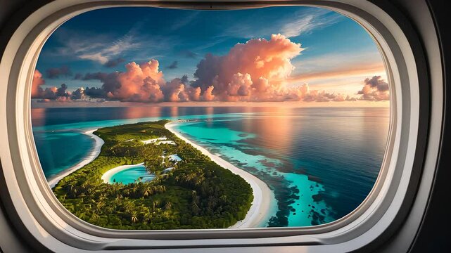 Aerial View of a Tropical Island Surrounded by Blue Waters and Coral Reefs at Sunset Seen Through an Airplane Window

