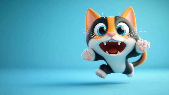 Energetic 3D Cartoon Cat Character Running with Playful Pose and Funny Expressions