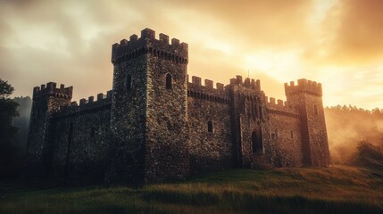 Fototapeta premium A dramatic low-angle shot of a grand medieval castle at sunrise, its stone walls glowing with a golden hue, surrounded by misty green hills