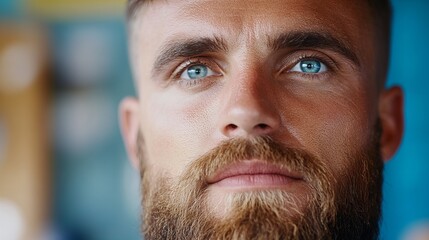 Obraz premium Close-up portrait of a man with blue eyes and a beard, capturing intense focus and determination.