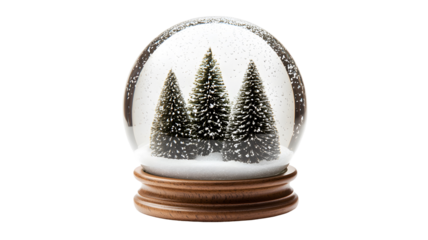 Snow globe featuring snowy trees and a wooden base.