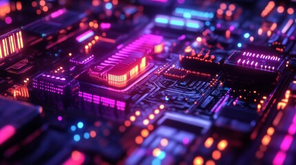 Obraz premium A Neon cityscape futuristic city night glowing vibrant architecture building skyscraper urban pink red blue light reflection technology digital art